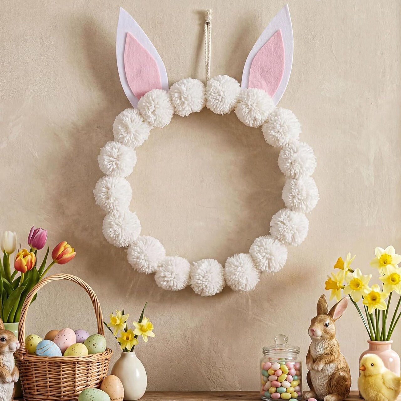 11.8-Inch Easter Bunny Pom Pom Wreath – Front Door & Wall Decor with Yarn Bunny Ears, Indoor & Outdoor Spring Easter Decoration